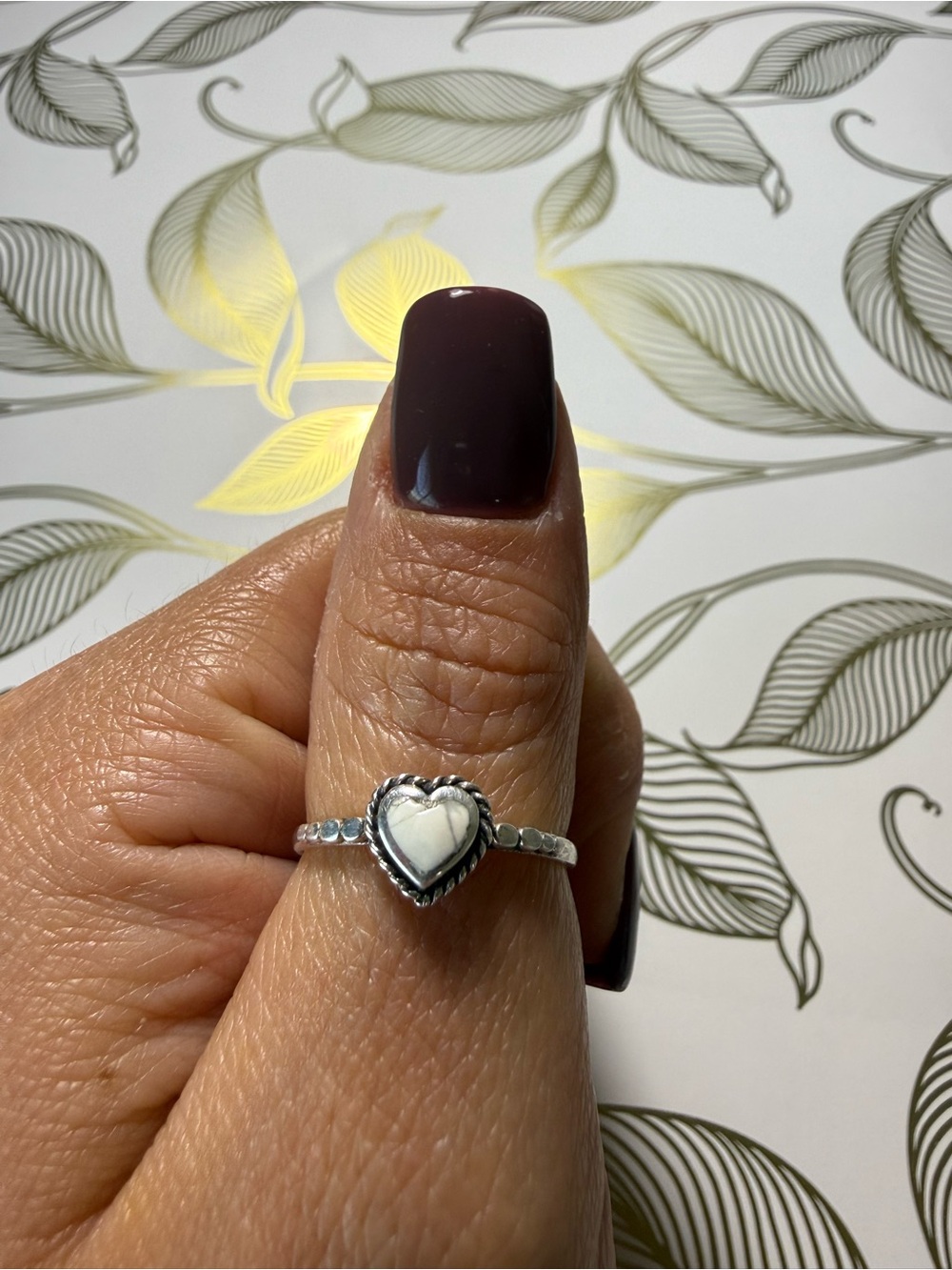 Heart Detail Silver Ring with White Buffalo Center Size 8